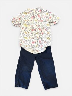 Janie and Jack Cream Floral Button-Down with Crewcut Navy Pants